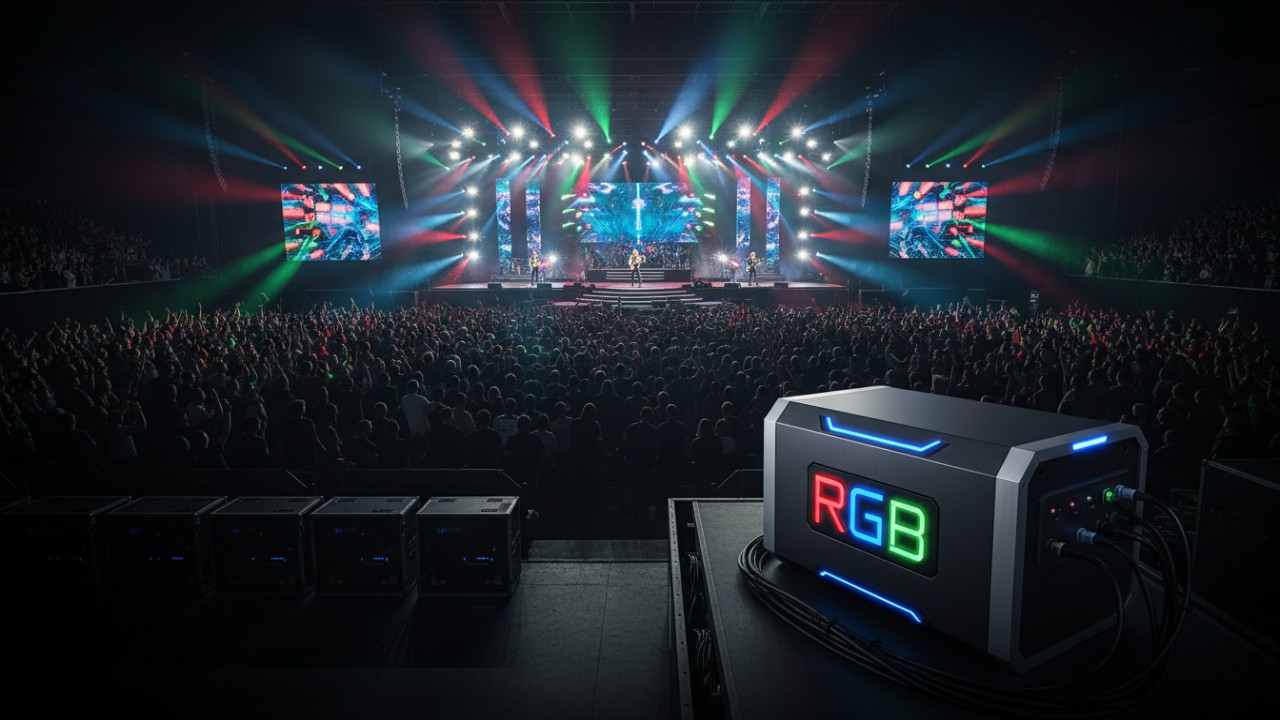 A vibrant concert stage with professional lighting featuring a reliable RGB branded power hub in the foreground symbolizing a successful production.