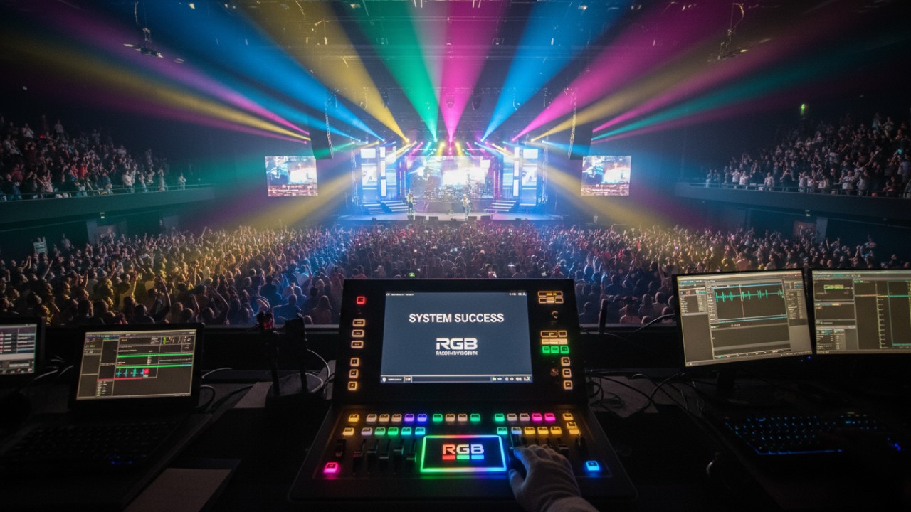 A view from a lighting control booth during a theater performance with the RGB logo visible on the control console.