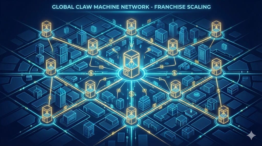 Isometric illustration of a global claw machine network across a cityscape.