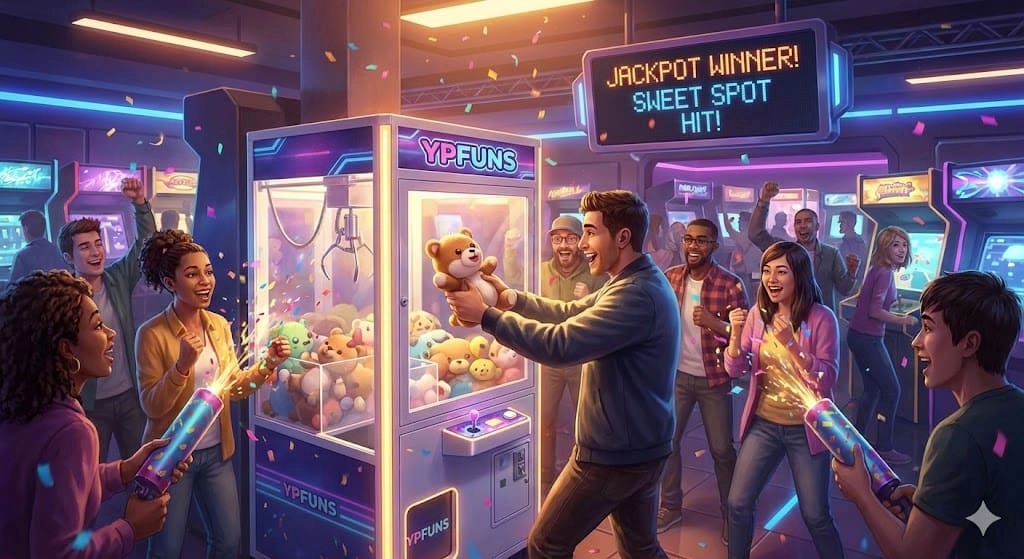 People celebrating a jackpot win at an arcade claw machine.