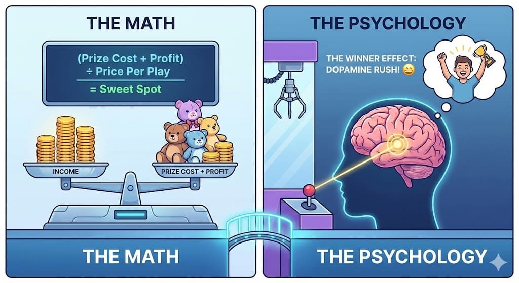 Cartoon illustrating the math and psychology behind the draw of claw crane arcade games.