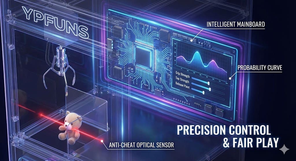 YPFUNS claw machine with intelligent motherboard, probability curve, and anti-cheat optical sensor, emphasizing precision control and fair play.