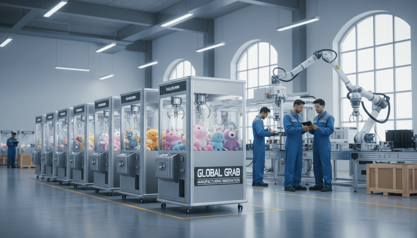Assembly line of plush toy claw machines in a modern factory with engineers inspecting the robotic automation.