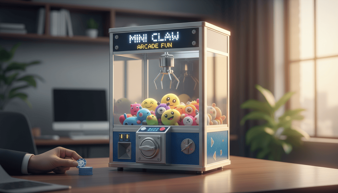 Hand inserting a game token into a mini claw machine filled with plush toys on a desk in an office setting.