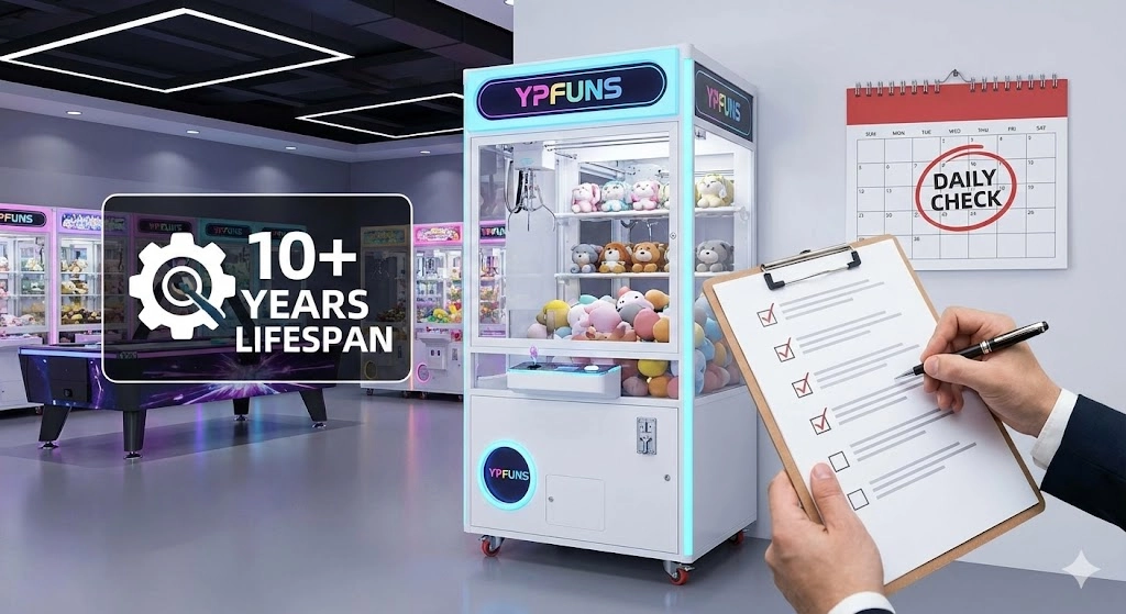 YP Fun claw machine in an arcade with 10+ year lifespan and daily maintenance checklist.