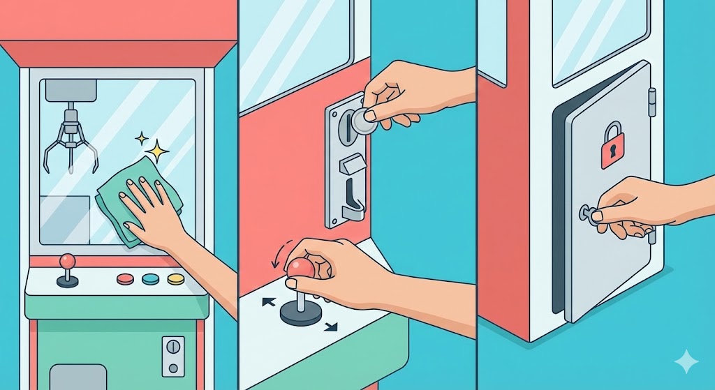 Cartoon illustration of a claw machine being cleaned, played, and unlocked.