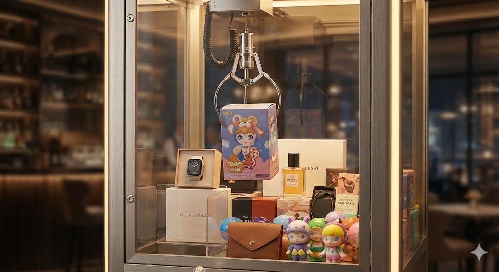 mini claw machine for adults manufacturer Claw machine filled with prizes including a smartwatch, perfume, toys, and chocolates, in a bar setting.