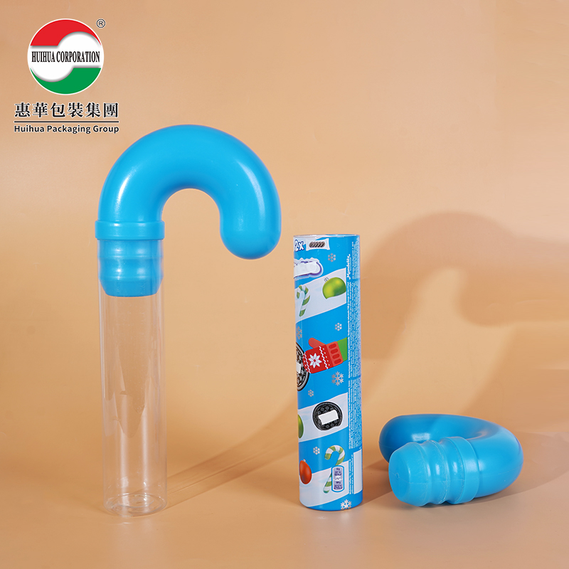 Clear plastic candy cane bottle with a red curved cap