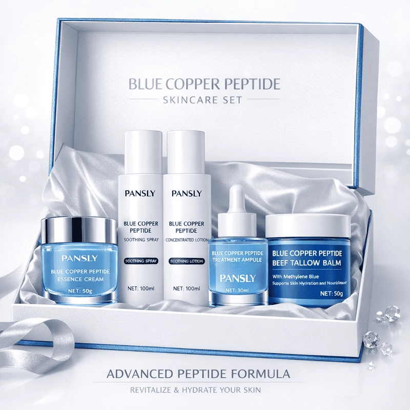 Private Label Blue Copper Peptide Skincare Set Hydrating Soothing Facial Care Kit with Spray Lotion Serum Cream and Balm (1) - Beyond Basix