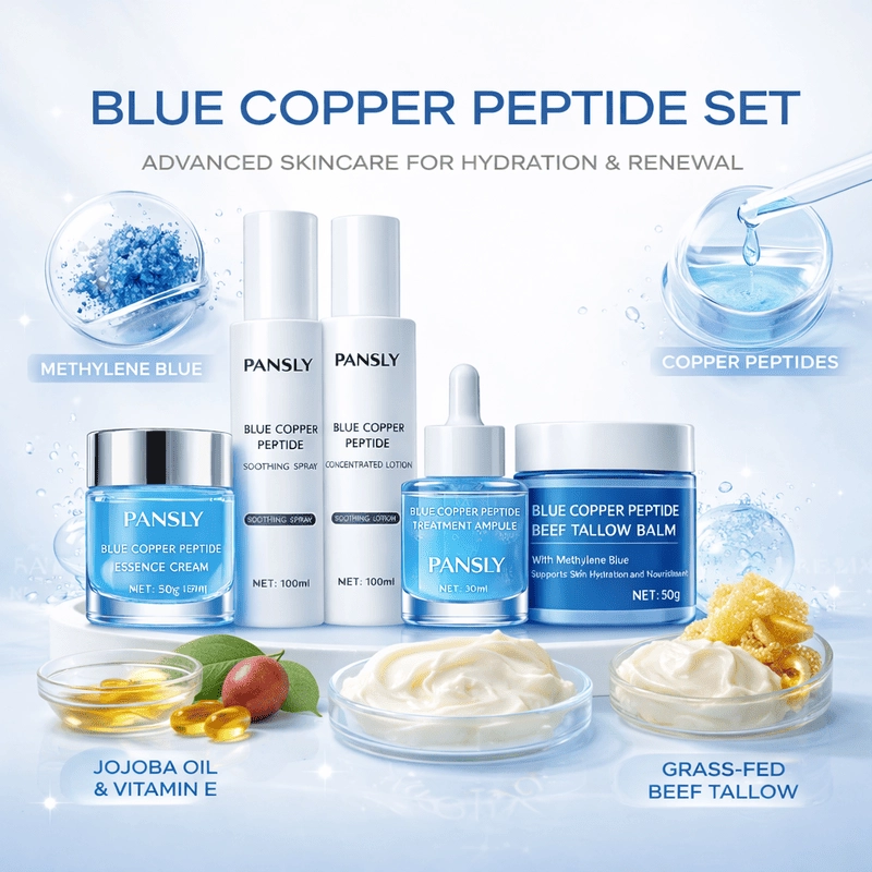 Private Label Blue Copper Peptide Skincare Set Hydrating Soothing Facial Care Kit with Spray Lotion Serum Cream and Balm (2) - Beyond Basix