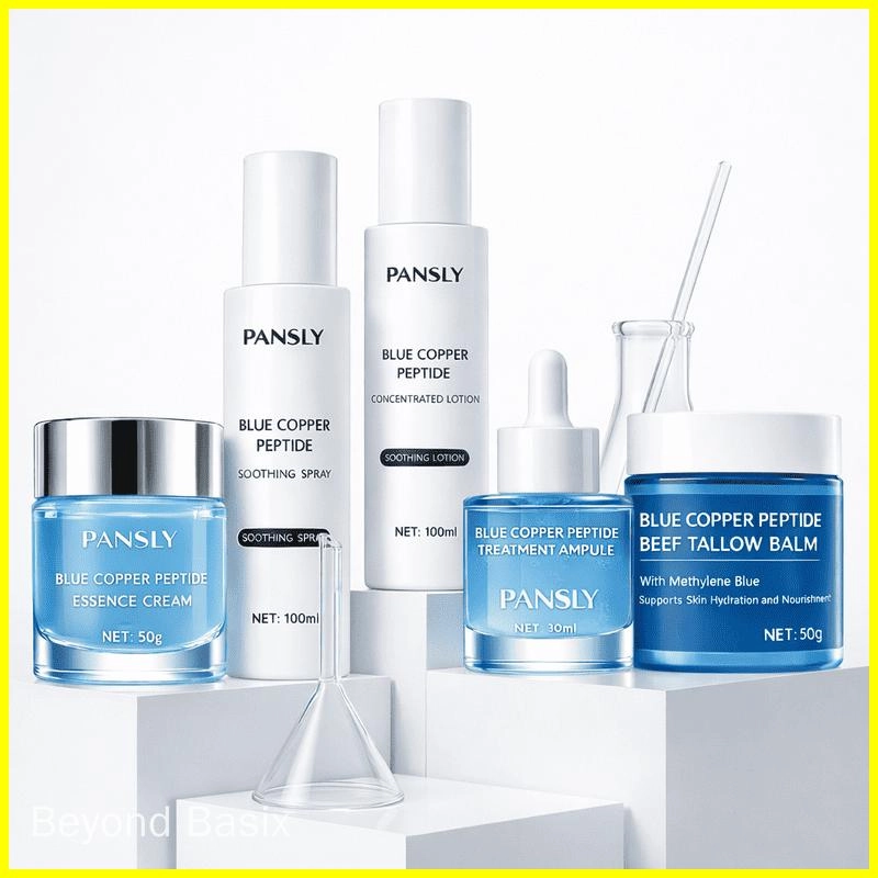 Private Label Blue Copper Peptide Skincare Set Hydrating Soothing Facial Care Kit with Spray Lotion Serum Cream and Balm (6) - Beyond Basix