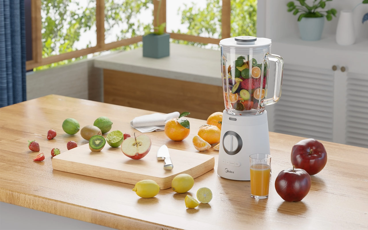 Fresh-fruit-in-a-slow-juicer,-ready-to-make-a-healthy-juice. Fresh fruit in a slow juicer, ready to make a healthy juice.