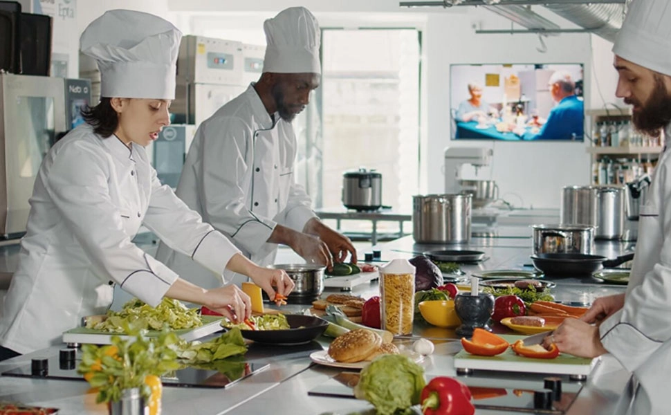Catering-industry Catering industry chefs preparing food in a professional kitchen.
