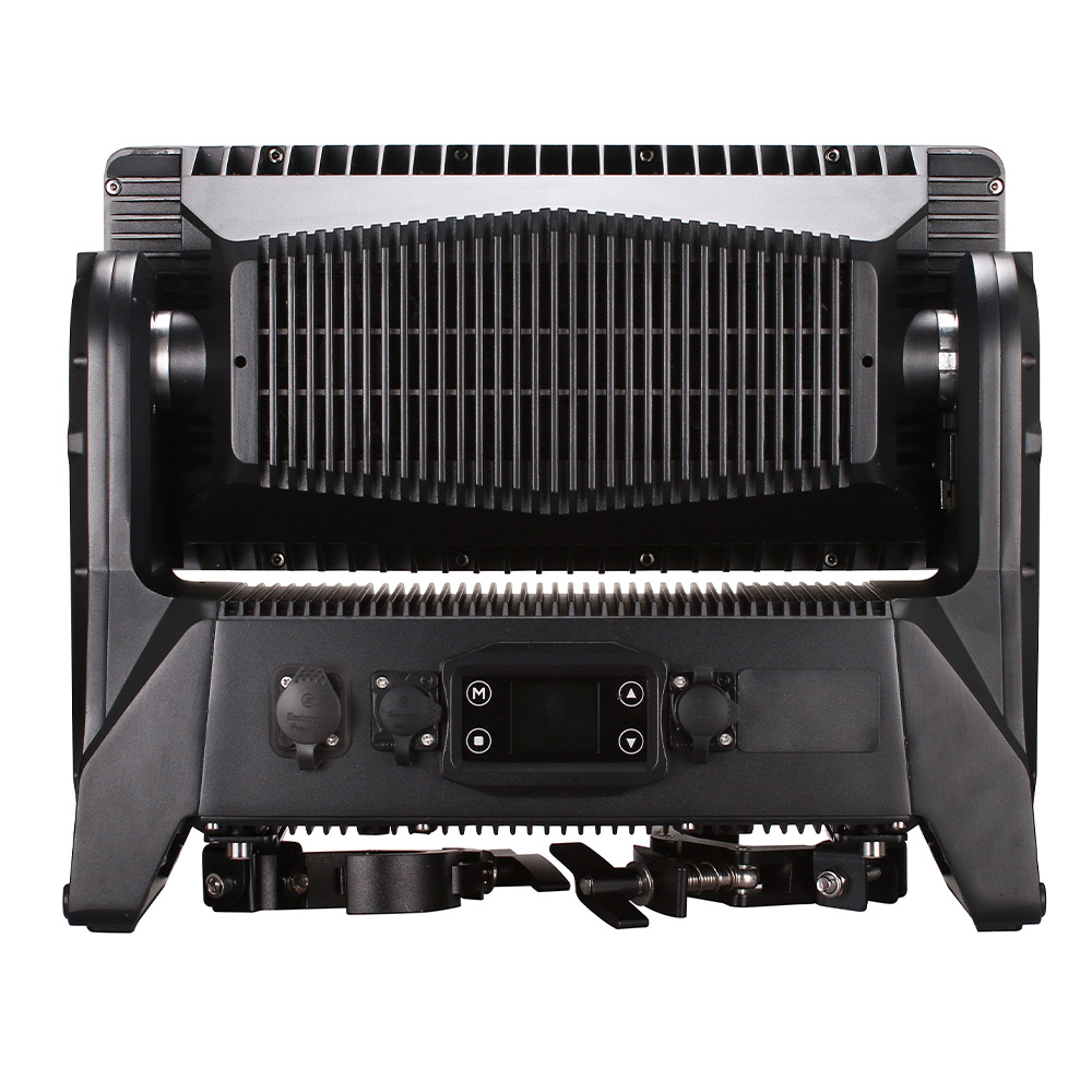 Rear view of 1500W Waterproof Moving Head Strobe Light with LCD control panel and cooling fins