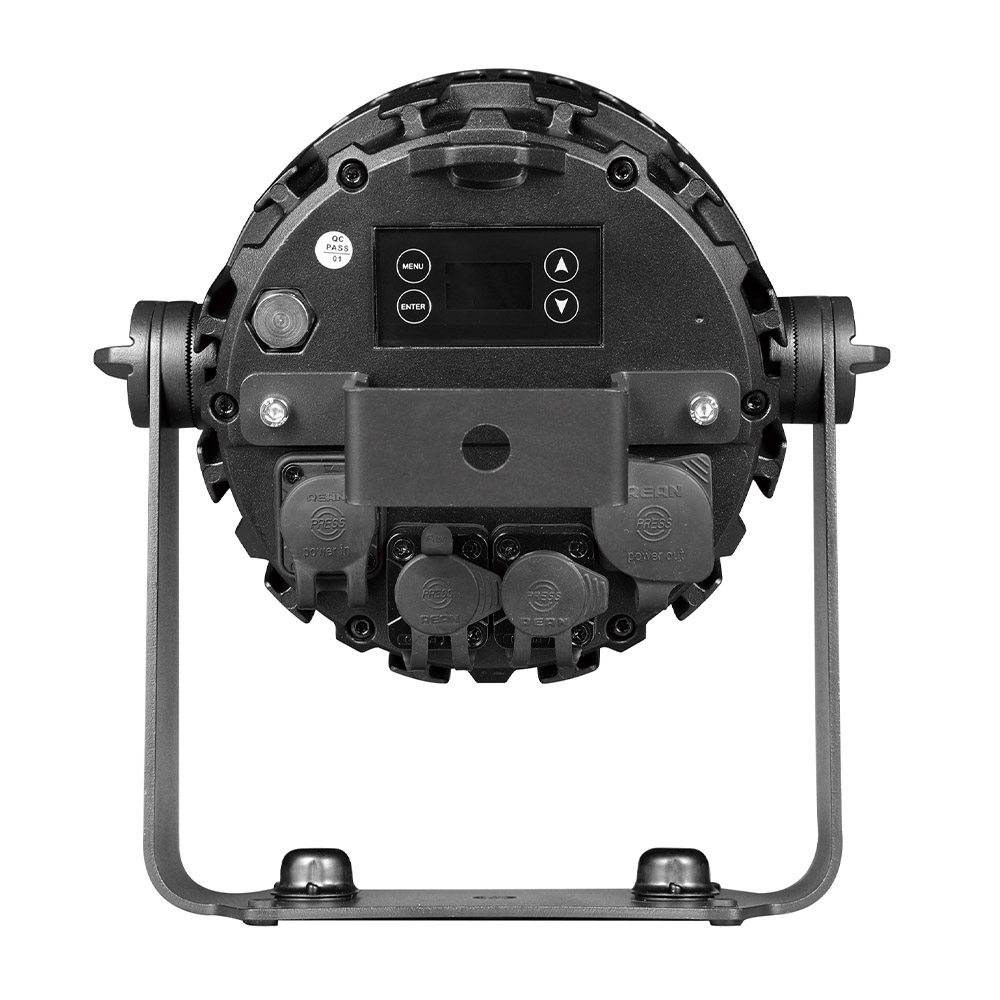 Rear panel of 600W RGBALC IP65 Blinder Par Can with DMX and power connectors