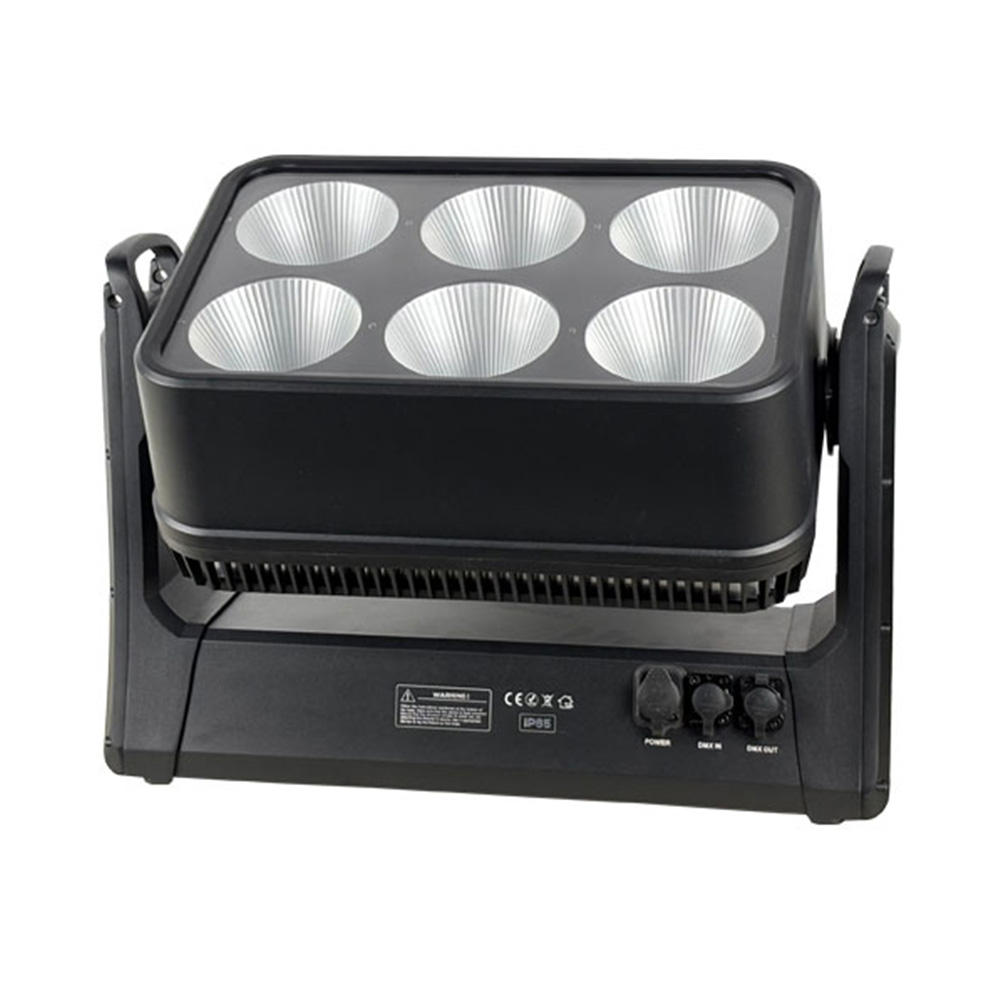 6x200 RGBW 4in1 IP65 Moving Head Blinder rear view with power and DMX connectors