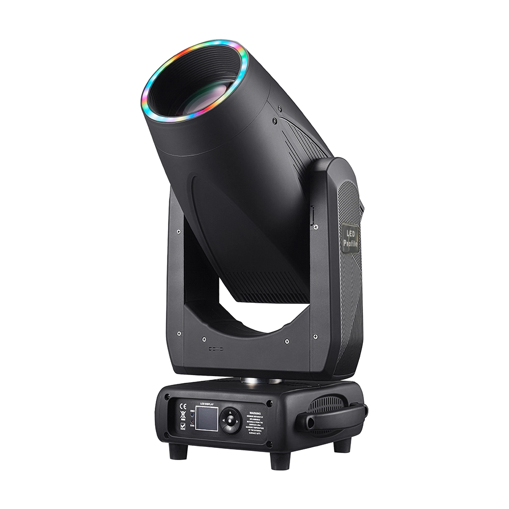 Black LED BSW moving head stage light with a rainbow ring around the lens. - Colorful Light
