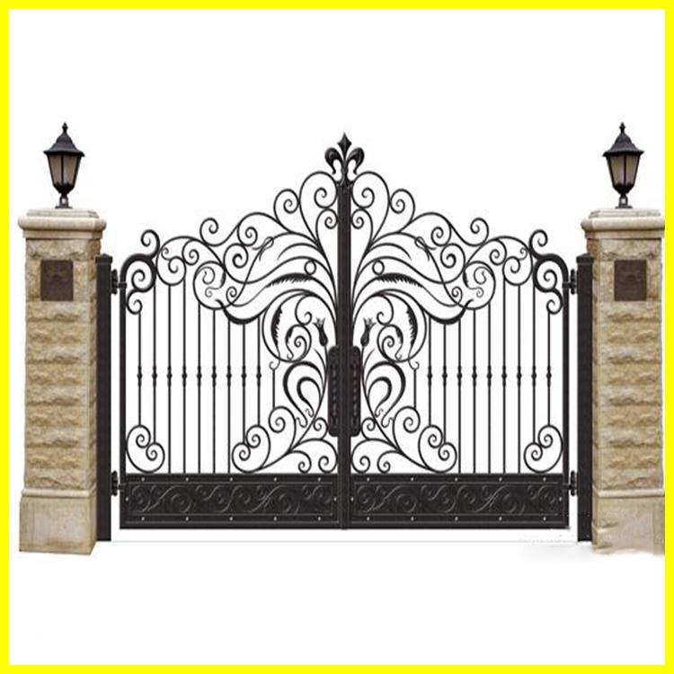 Ornate black iron gates with stone pillars.