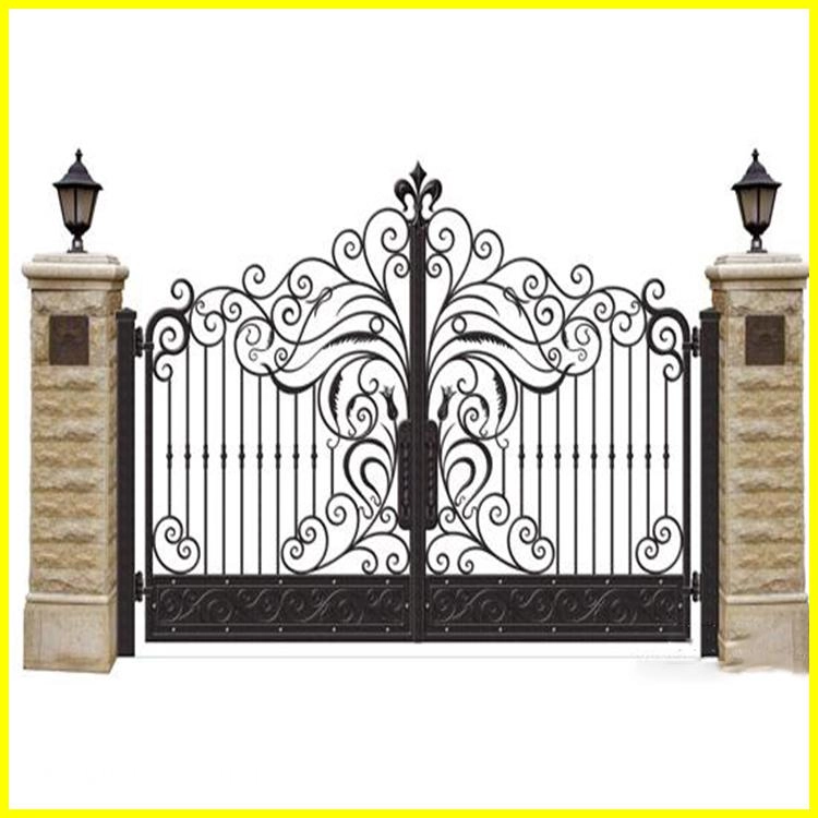 Ornate black iron gates with stone pillars.