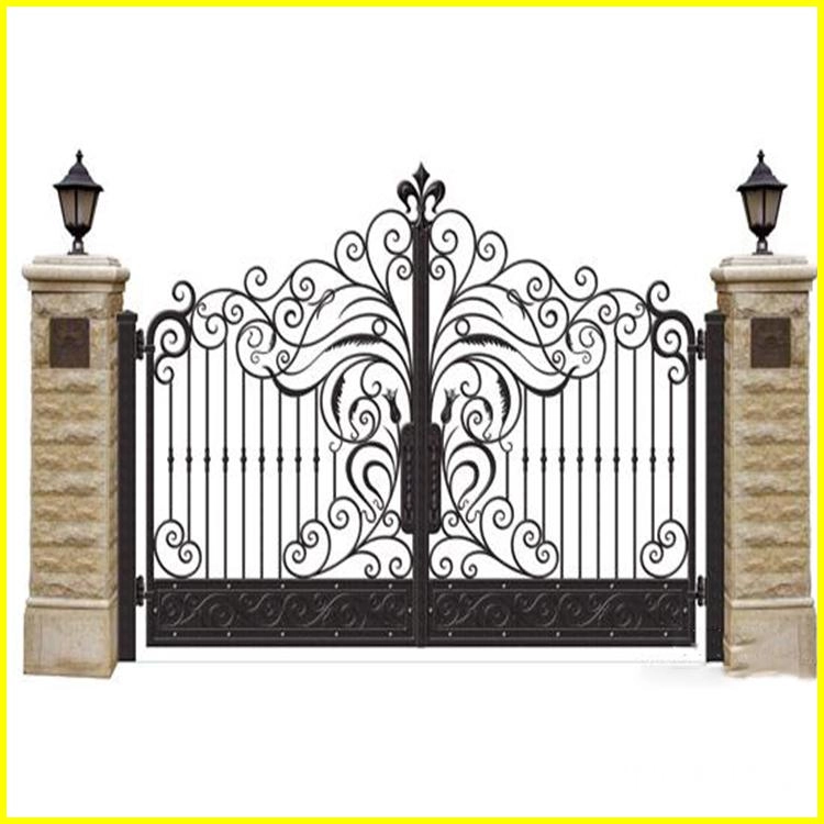 Ornate black iron gates with stone pillars.