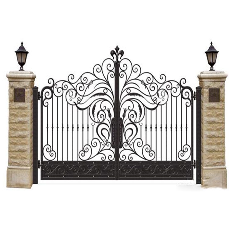 Ornate black iron gates with stone pillars.