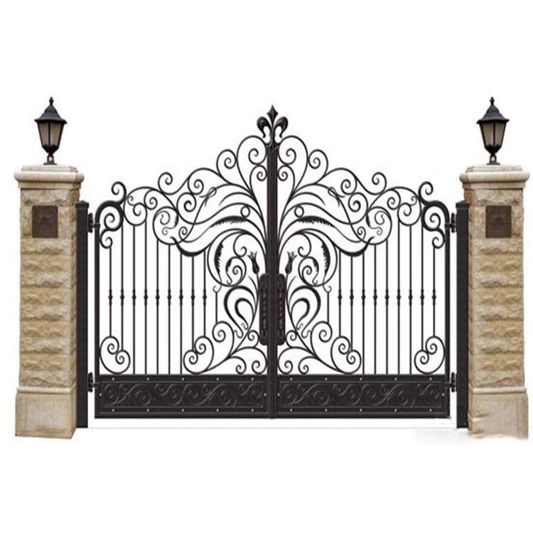 Ornate black iron gates with stone pillars.