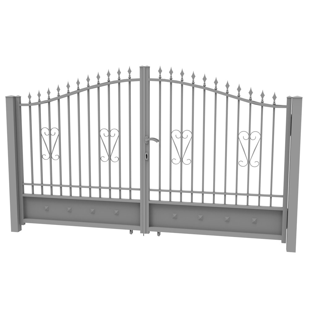 Gray iron gates with ornate details.