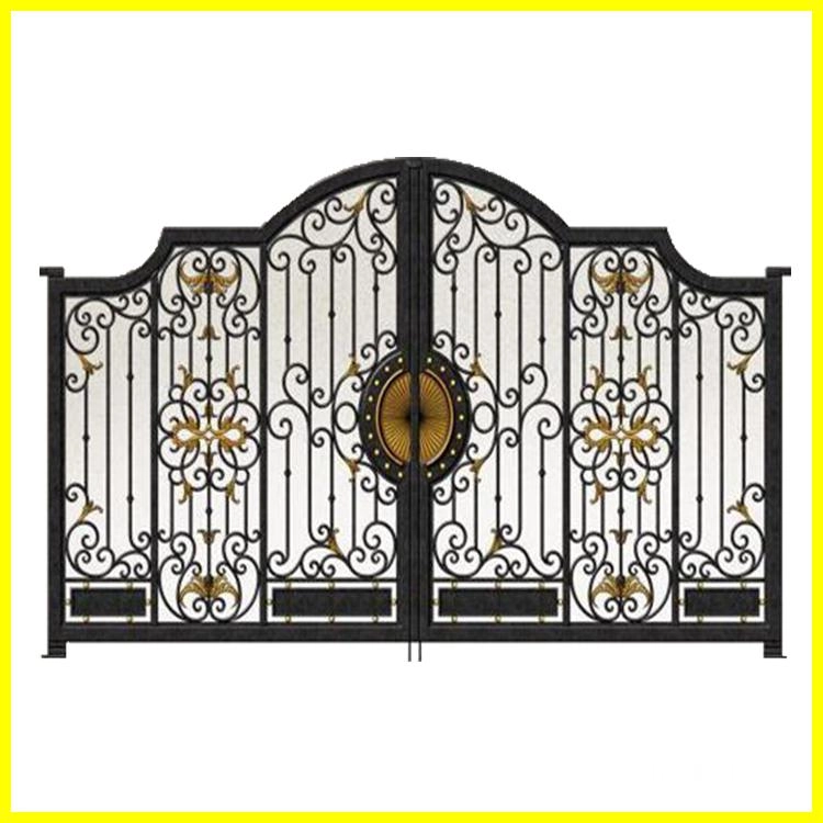 Ornate black iron gates with gold accents.