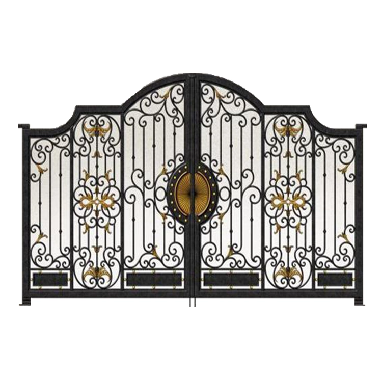 Ornate black iron gates with gold accents.