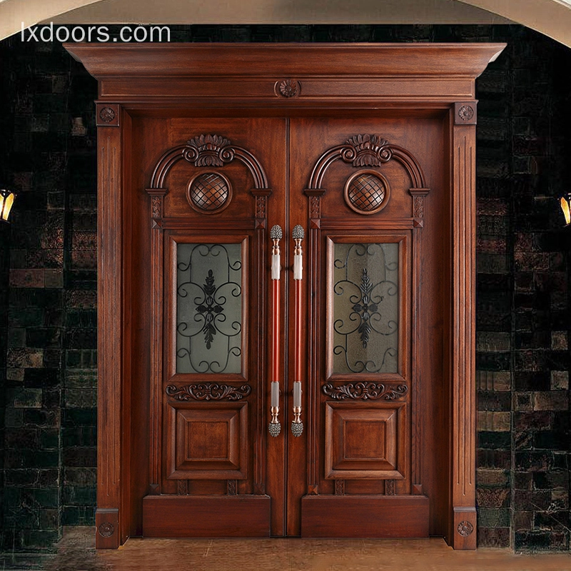 Deluxe wrought iron glass carved double doors