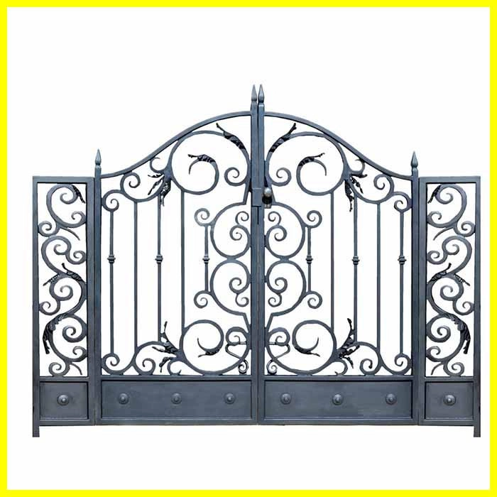 Ornate black iron gates with decorative scrolls.