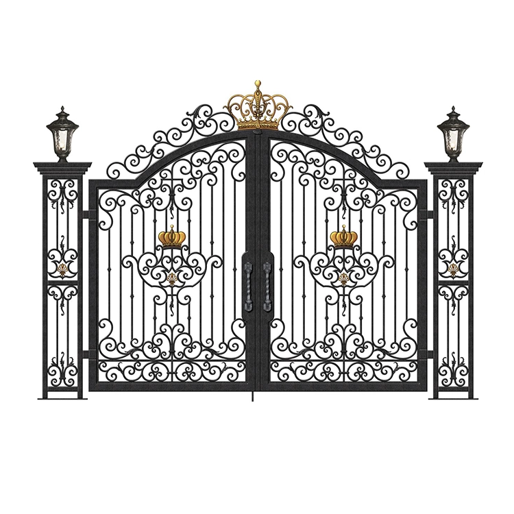 Ornate black metal gate with gold accents and crown details on top.  It is flanked by two pillars with lamps.