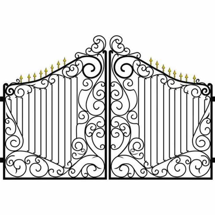 Ornate black iron gates with decorative flourishes.