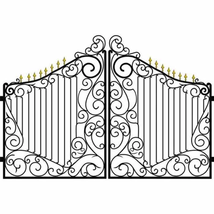 Ornate black iron gates with decorative flourishes.