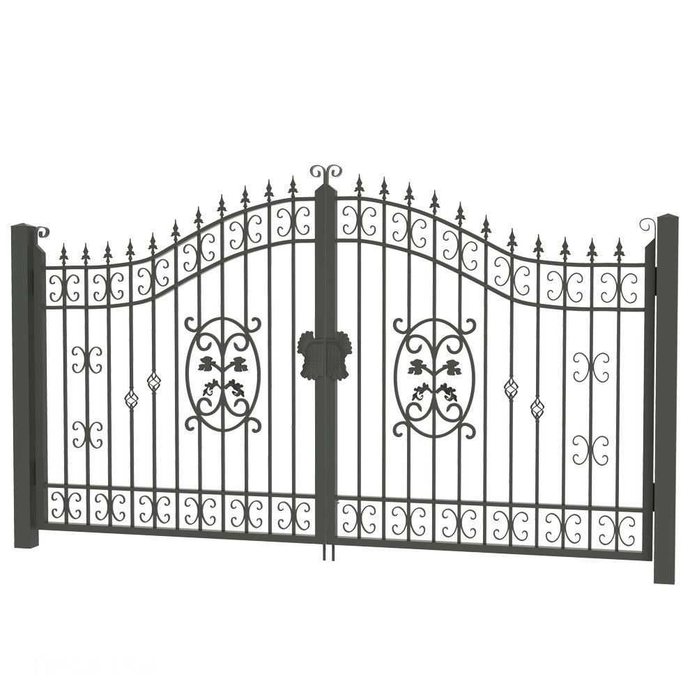 Ornate black iron gates with decorative accents.