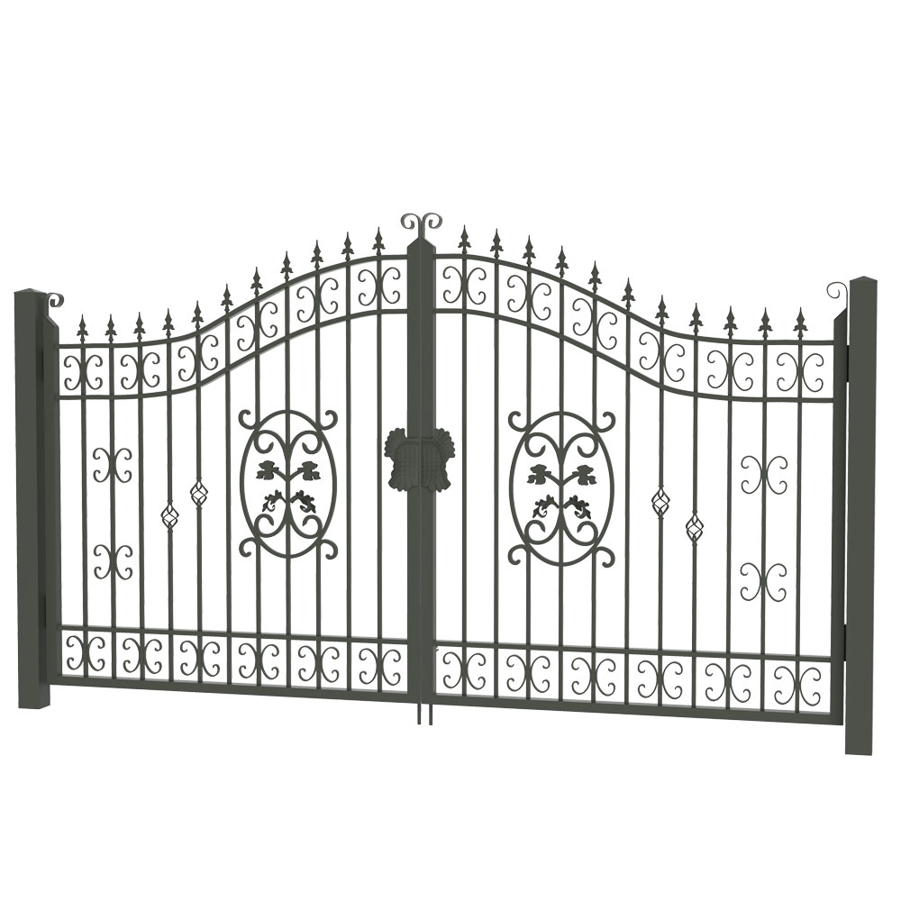 Ornate black iron gates with decorative accents.