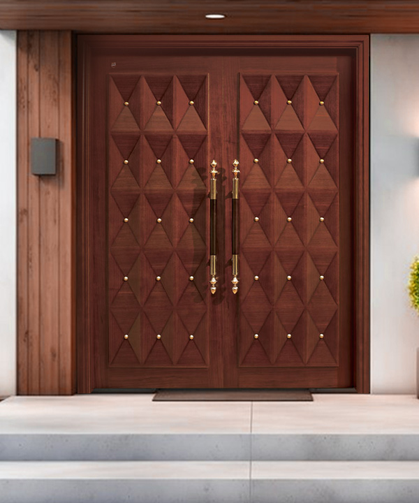 Double opening entrance door with copper nails