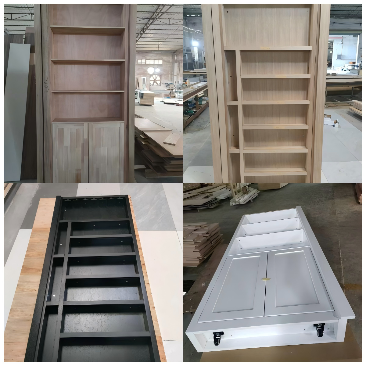 Murphy door in various stages of construction in a workshop. Murphy door in various stages of construction in a workshop.