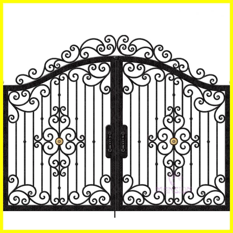 Ornate black iron gates with a decorative scrollwork design