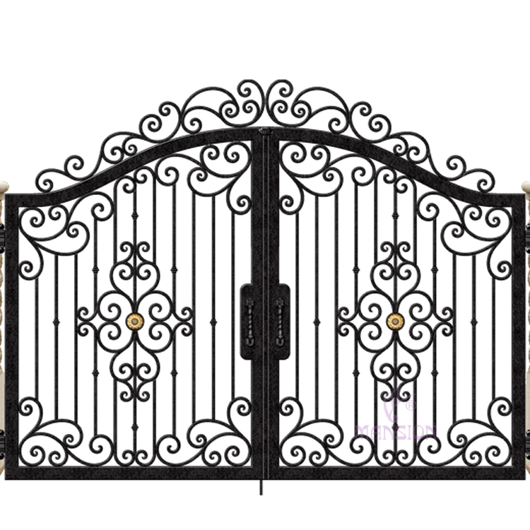 Ornate black iron gates with a decorative scrollwork design