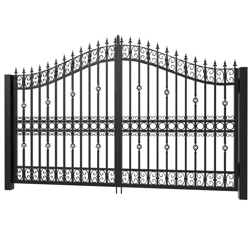 Black wrought iron gate with ornate details.