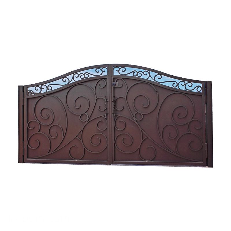 A double brown wrought iron gate with a decorative scroll design.  The gate is closed.