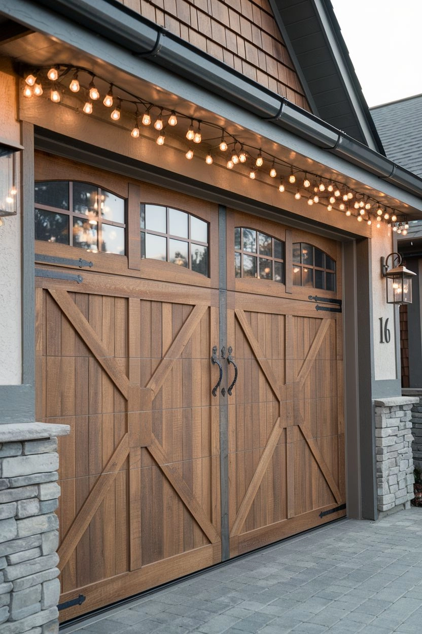 Wooden garage door with decorative string lights and X brace design.