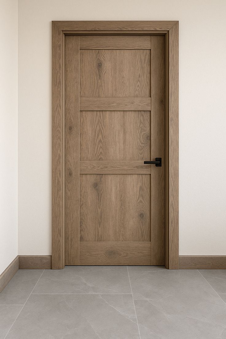 Interior view of a three-panel wood door with black lever handle.