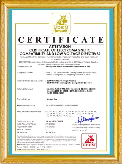 UDEM Attestation Certificate of electromagnetic Compatibility and low voltage directives anchi