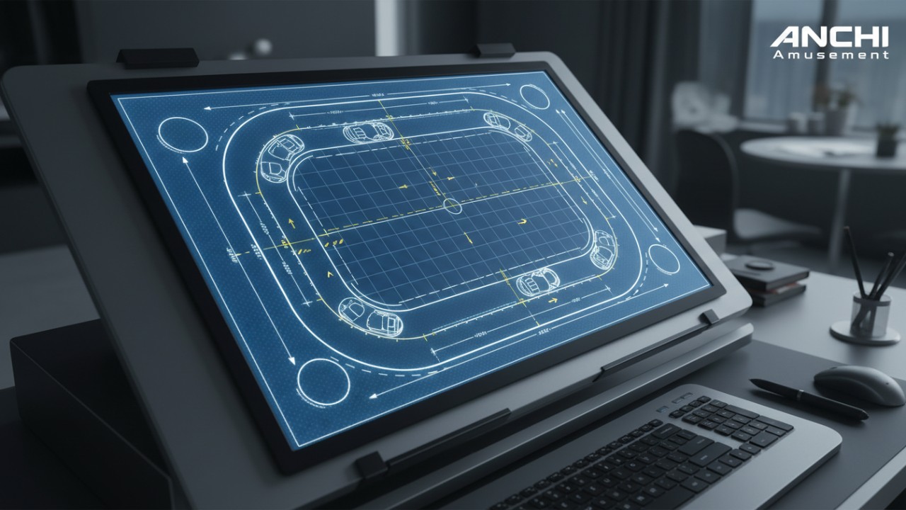 A 3D architectural blueprint and technical layout of a professional bumper car rink with dimension markings.