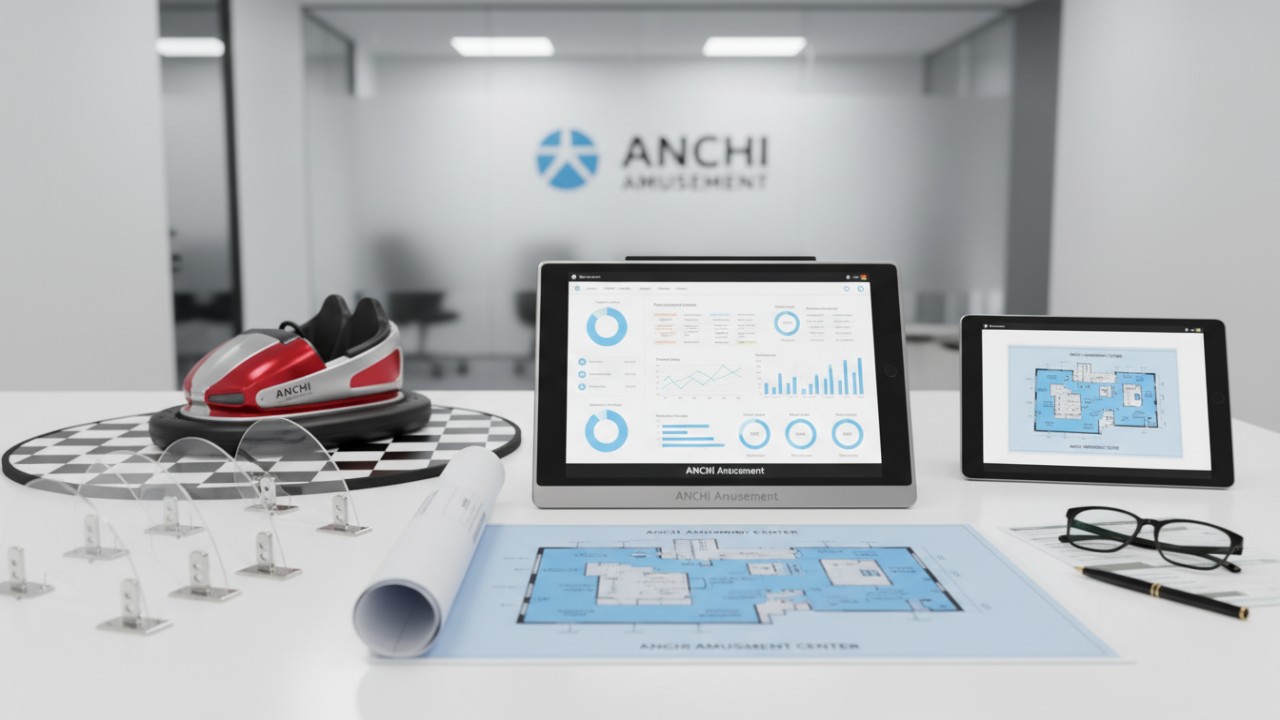 A 3D architectural layout and financial planning desk for a bumper car business featuring the ANCHI Amusement brand name on a digital tablet.