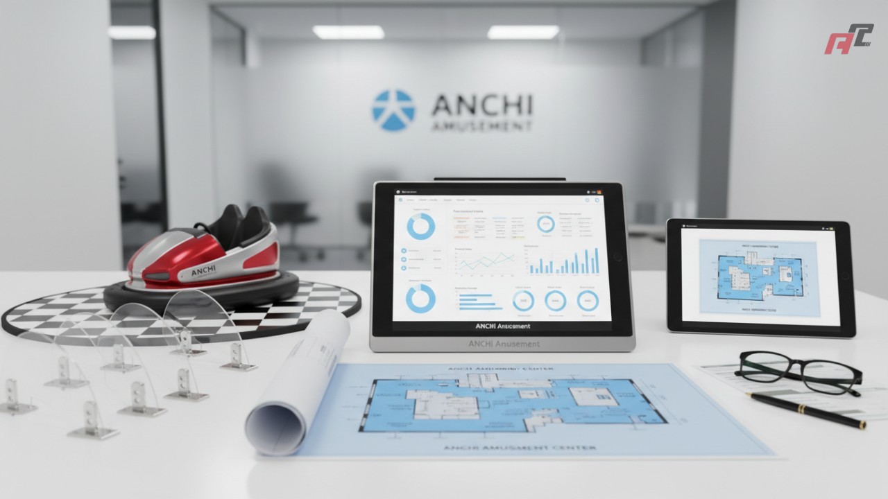 A 3D architectural layout and financial planning desk for a bumper car business featuring the ANCHI Amusement brand name on a digital tablet.