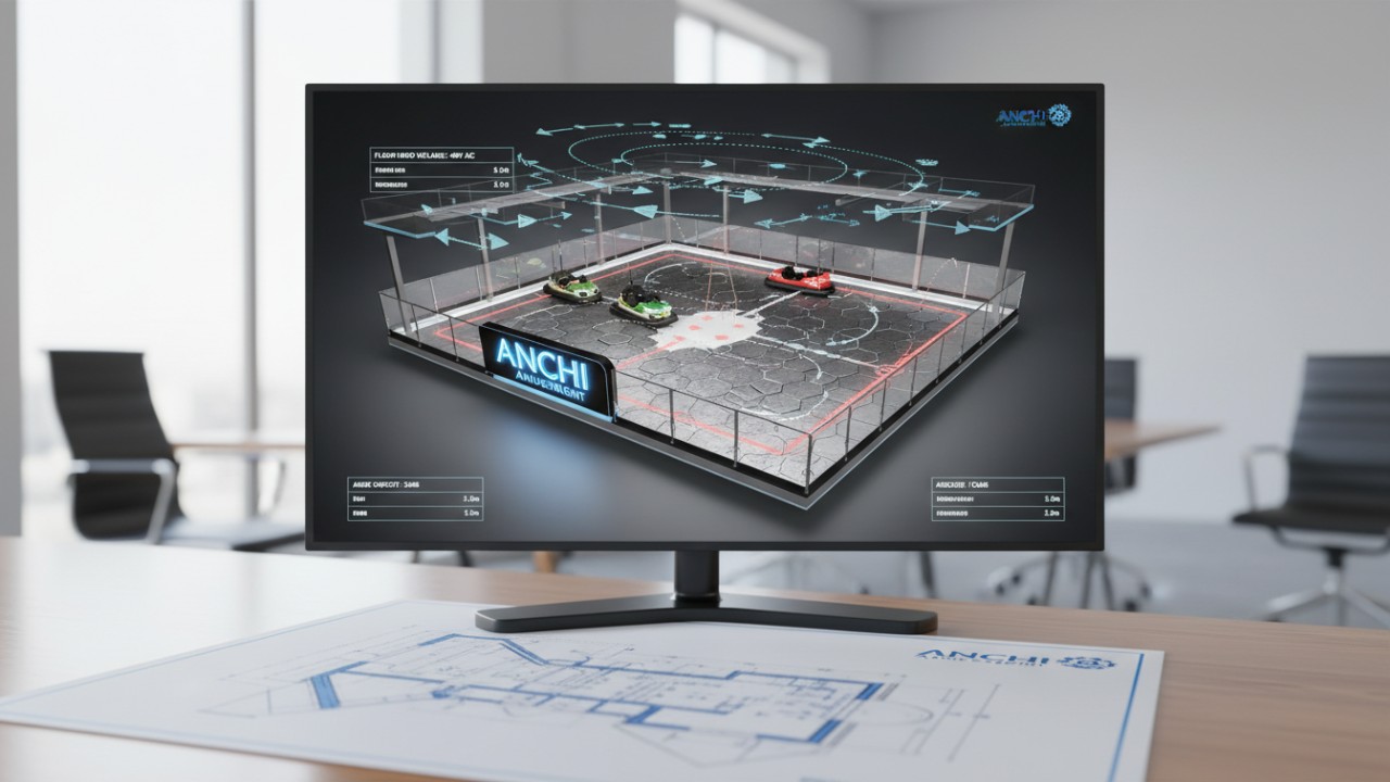 A 3D architectural rendering of a bumper car arena showing technical floor grid design and ANCHI Amusement branding.
