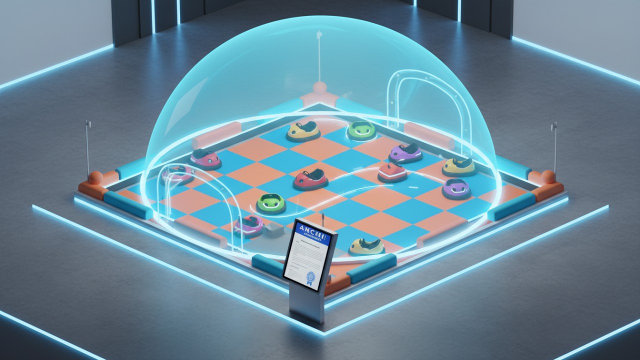 A 3D illustration of a bumper car arena protected by a transparent blue shield with ANCHI Amusement branding, representing liability insurance coverage.